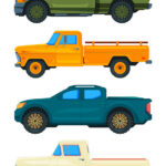 An animated view of four pickup trucks